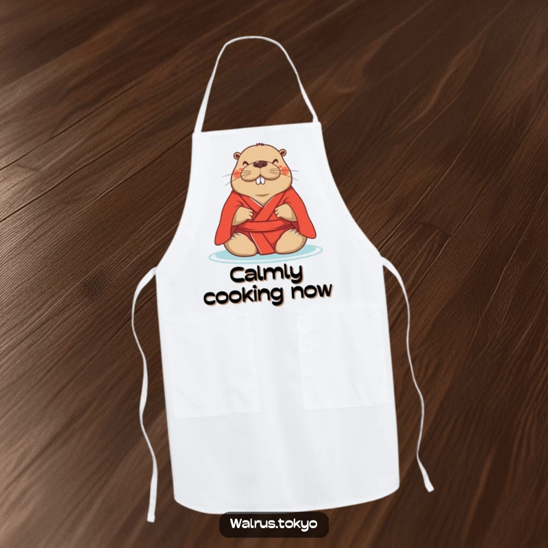 Funny red kimono walrus apron, showing a serene walrus meditating while cooking, adding humorous peace to kitchen tasks.