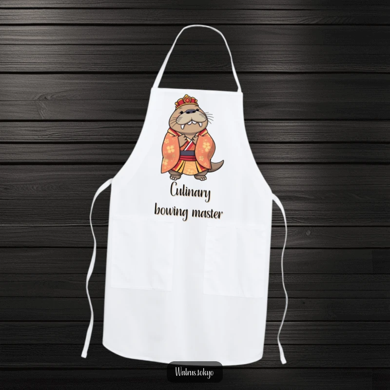 Funny regal walrus apron in a formal kimono, performing a graceful bow, ideal for kitchen duties with sophisticated humor.