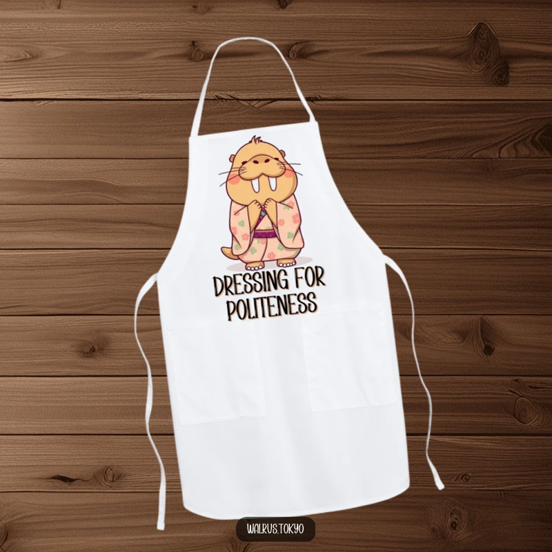 Funny apron with a happy walrus in a floral kimono, bowing politely and gracefully, making cooking and kitchen tasks more humorous and enjoyable.