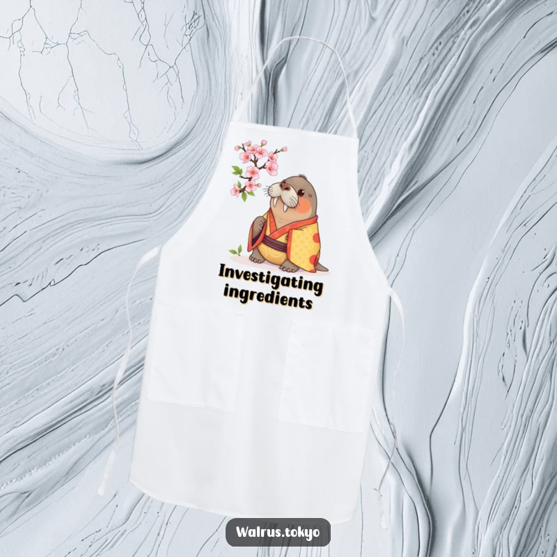 Funny apron featuring a curious walrus in a vibrant kimono, examining a cherry blossom, making kitchen tasks more humorous and intriguing.