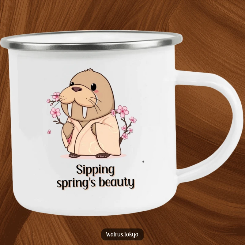 Funny curious walrus camping mug in a silken kimono, intently looking at a cherry blossom, ideal for outdoor contemplation.
