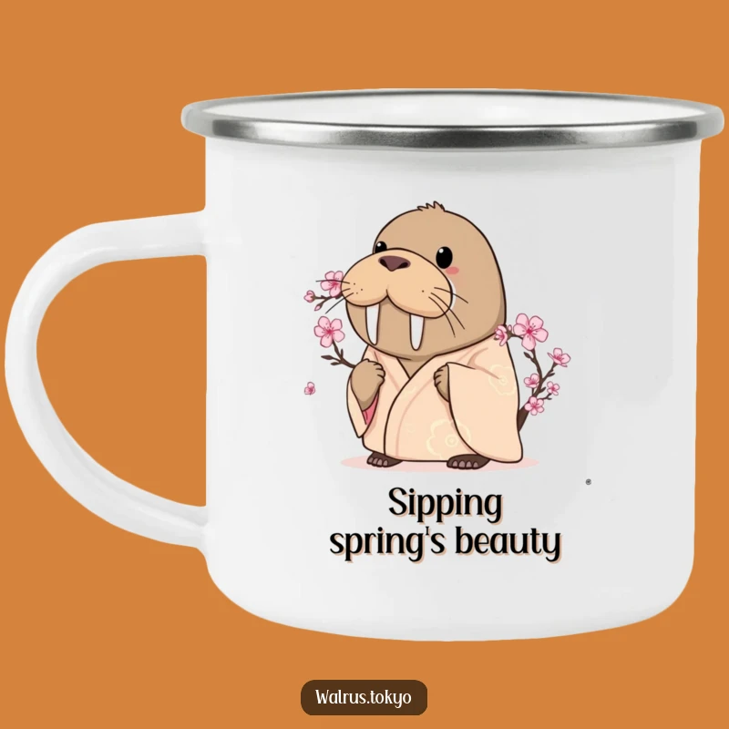 Funny Curious Walrus Kimono Camping Mug - Blossom Gazing Sip
