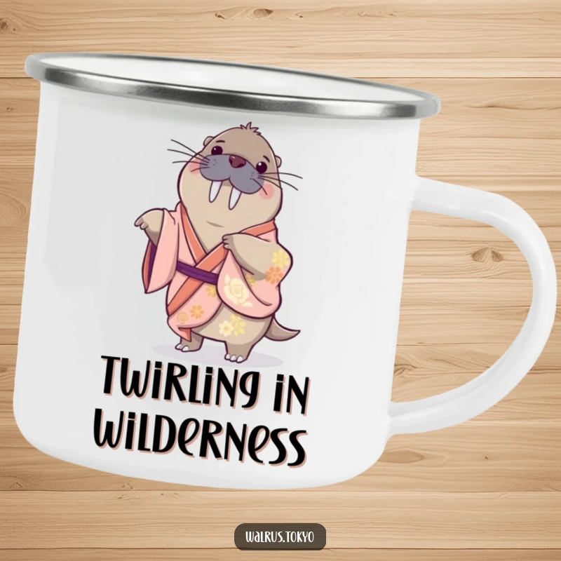 Funny camping mug with a playful walrus in a silk kimono, doing a gentle spin, perfect for sipping beverages outdoors with humor.