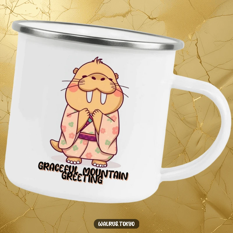 Funny camping mug with a happy walrus in a floral kimono, bowing politely and gracefully, ideal for sipping beverages outdoors with humor.