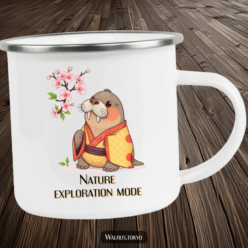 Funny camping mug with a curious walrus in a vibrant kimono, examining a cherry blossom, perfect for sipping beverages outdoors with humor.