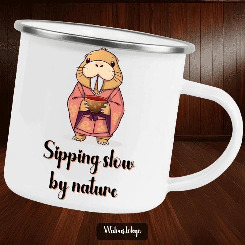 Funny camping mug featuring a dignified walrus in a formal kimono, holding a tea bowl, ready for rustic elegance and good laughs.