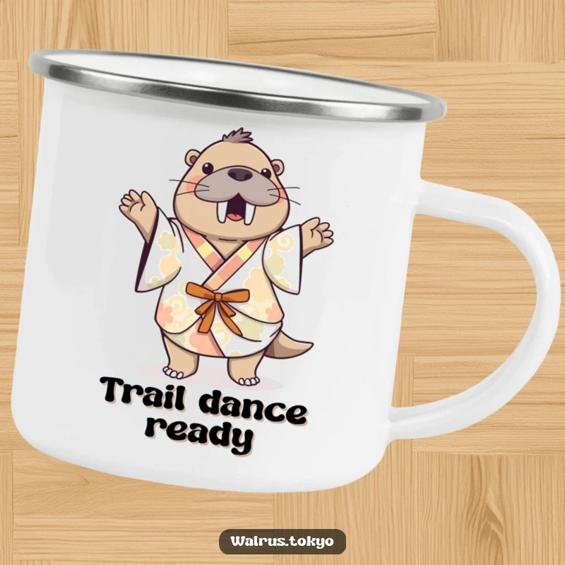 Funny patterned kimono walrus camping mug, showing a playful walrus dancing, perfect for cheerful drinks during outdoor activities.
