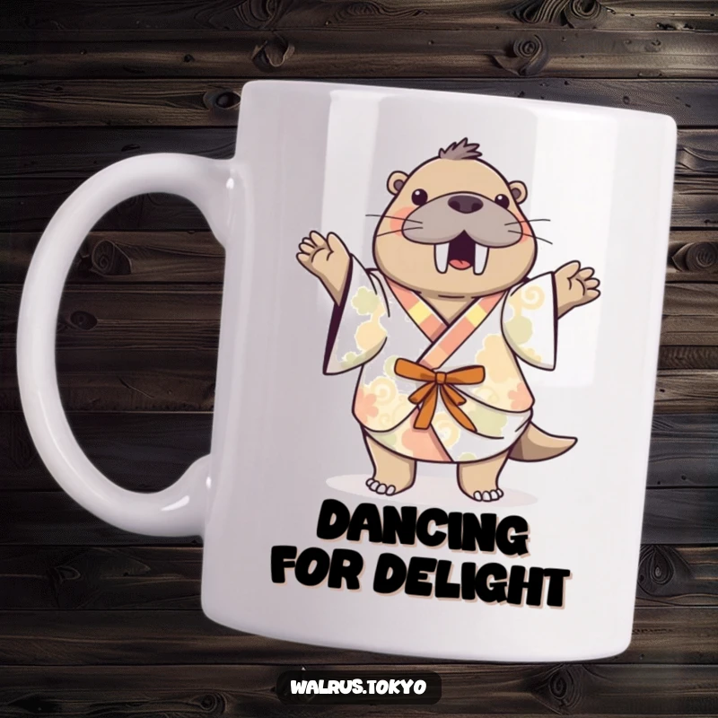 Funny patterned kimono walrus mug, depicting a playful walrus doing a happy dance, full of infectious energy and humor.