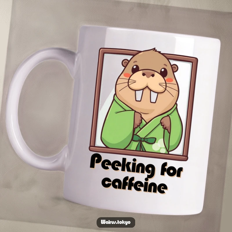 Funny green kimono walrus mug, depicting a curious walrus peeking from behind a screen, full of playful intrigue and humor.