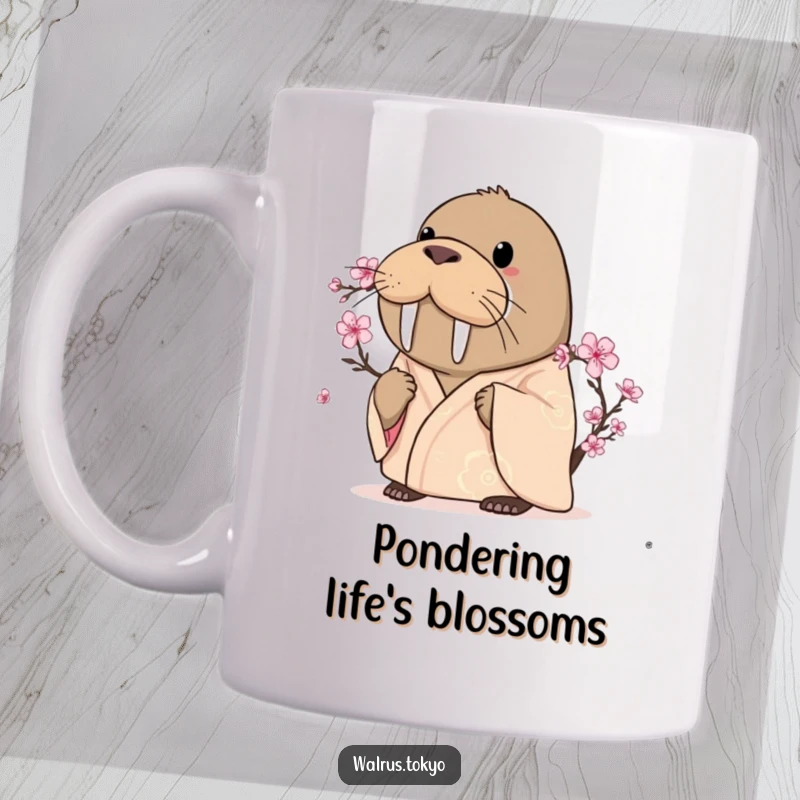 Funny curious walrus mug in a silken kimono, gazing intently at a delicate blooming cherry blossom with wonder.