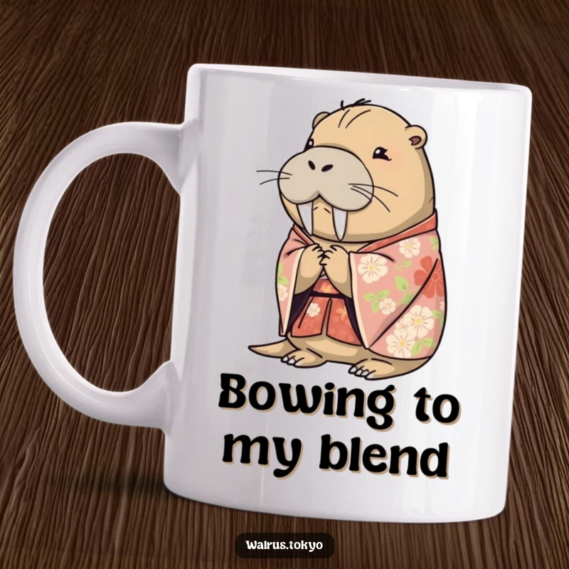 Funny floral kimono walrus mug, depicted in a moment of gentle, polite bowing, exuding peaceful charm and humor.