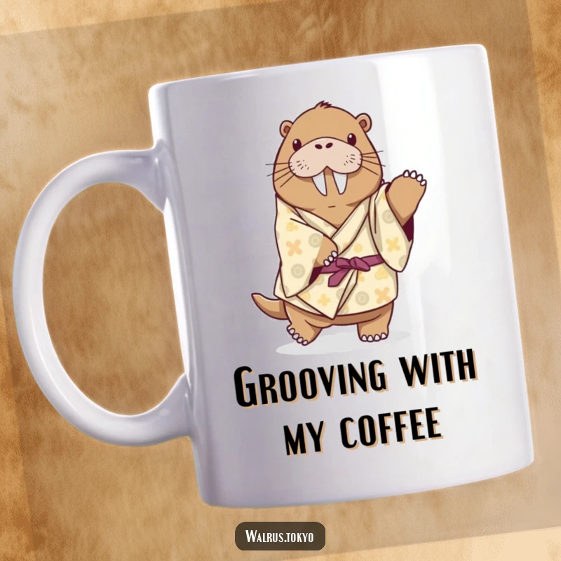 Funny playful walrus mug in a patterned kimono, attempting a delicate dance step with comical effort and charm.