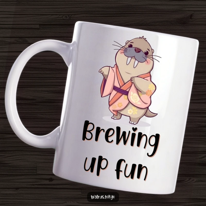 Funny mug with a playful walrus in a silk kimono, performing a gentle spin with joyful energy and humorous grace.