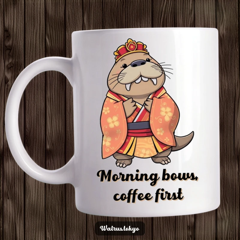 Funny regal walrus mug in a colorful kimono, performing an elegant bow with distinguished charm and polite humor.