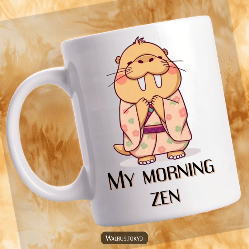 Funny mug with a happy walrus in a floral kimono bowing politely, showcasing its graceful and cheerful demeanor in a humorous way.