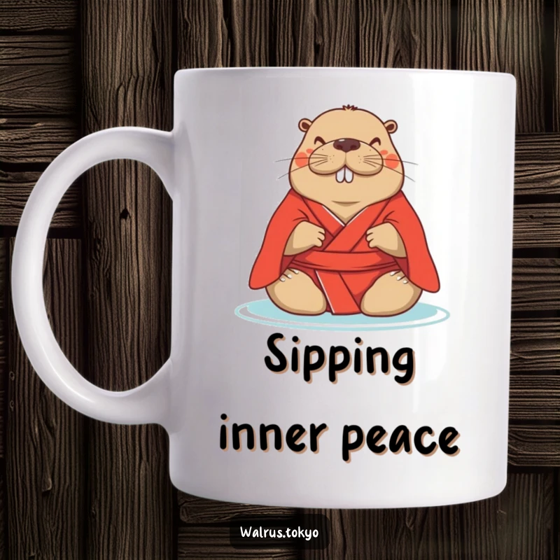 Funny red kimono walrus mug, depicting a serene walrus meditating peacefully, exuding calm and humorous stillness.
