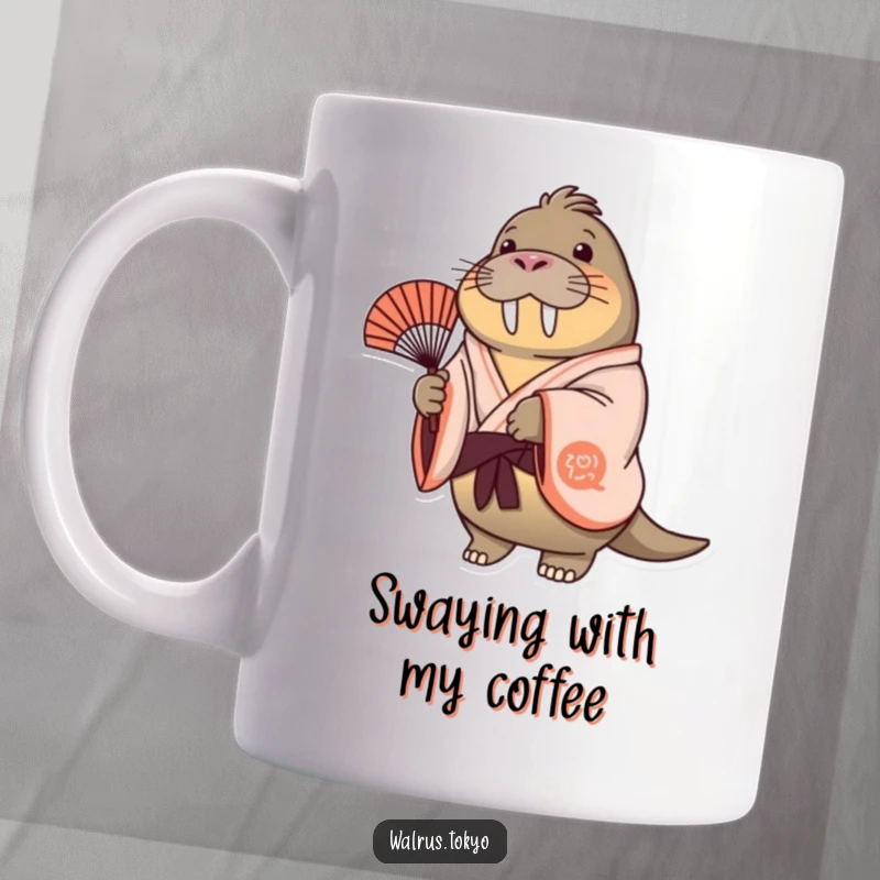 Funny cheerful walrus mug in a flowing kimono, holding a decorative fan with a gentle, happy sway, radiating pure joy.