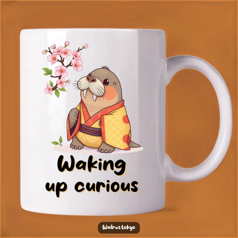 Funny Curious Walrus Blossom Mug: Vibrant Kimono Exploration, a Humorous Gift