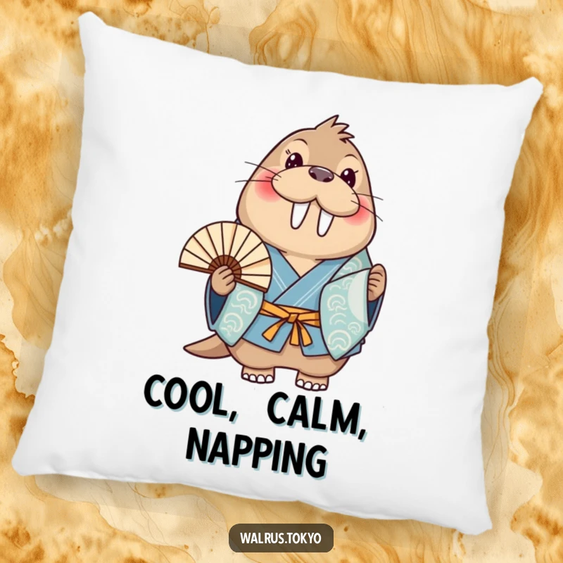 Funny blue kimono walrus pillow, depicting a smiling walrus with a fan, perfect for adding cheerful humor and coziness.