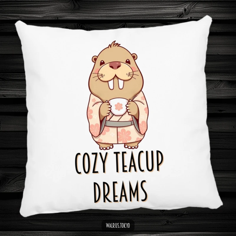 Funny pillow showcasing a delighted walrus in a patterned kimono, holding a delicate teacup, offering cozy comfort with humorous sophistication.