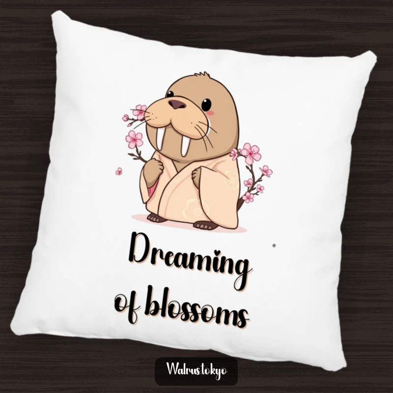 Funny curious walrus pillow in a silken kimono, intently looking at a cherry blossom, offering comfort with gentle humor.