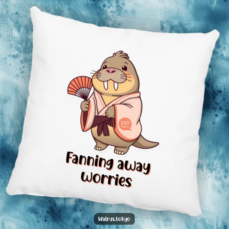 Funny cheerful walrus pillow in a flowing kimono, gently swaying a fan, providing comfort with a dose of serene humor.