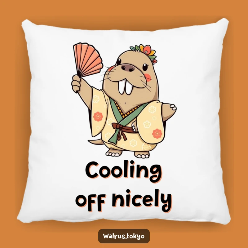 Funny Decorated Kimono Walrus Pillow: Cheerful Fan Waves, Cozy Humor