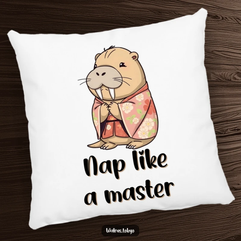 Funny floral kimono walrus pillow, depicting a peaceful walrus bowing gracefully, perfect for adding humorous comfort to any seating.