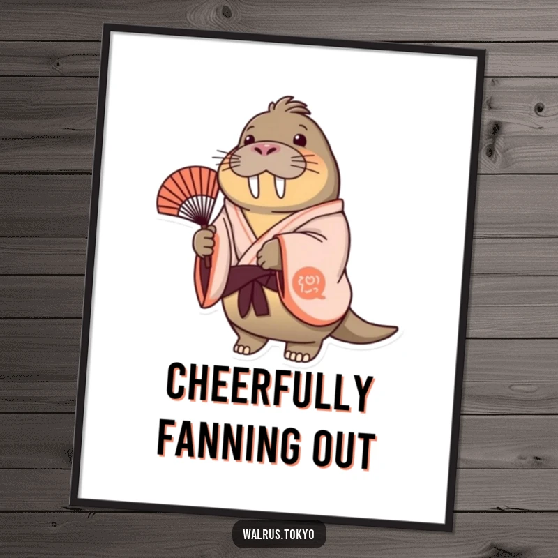 Funny cheerful walrus digital art print in a flowing kimono, gently swaying a decorative fan, radiating gentle joy and humor.