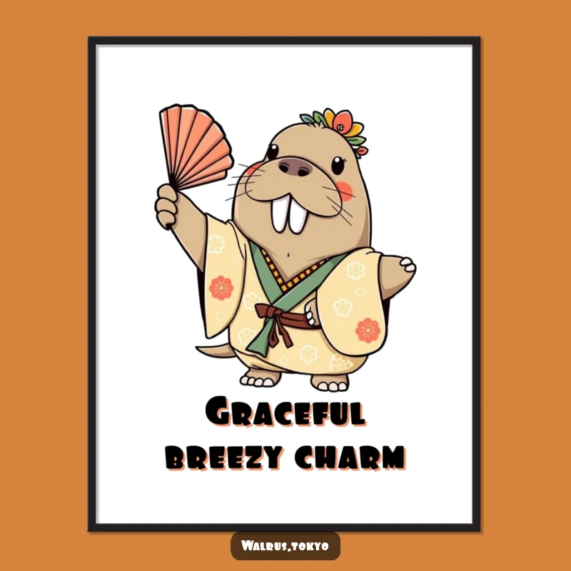 Funny Walrus Kimono Fan Digital Art: Cheerful Grace for Instant Decor