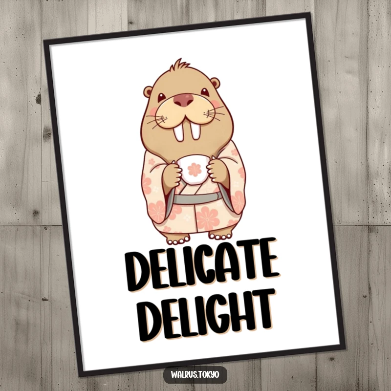 Funny digital art print of a delighted walrus in a patterned kimono, holding a delicate teacup, bringing elegant humor and charm to decor.