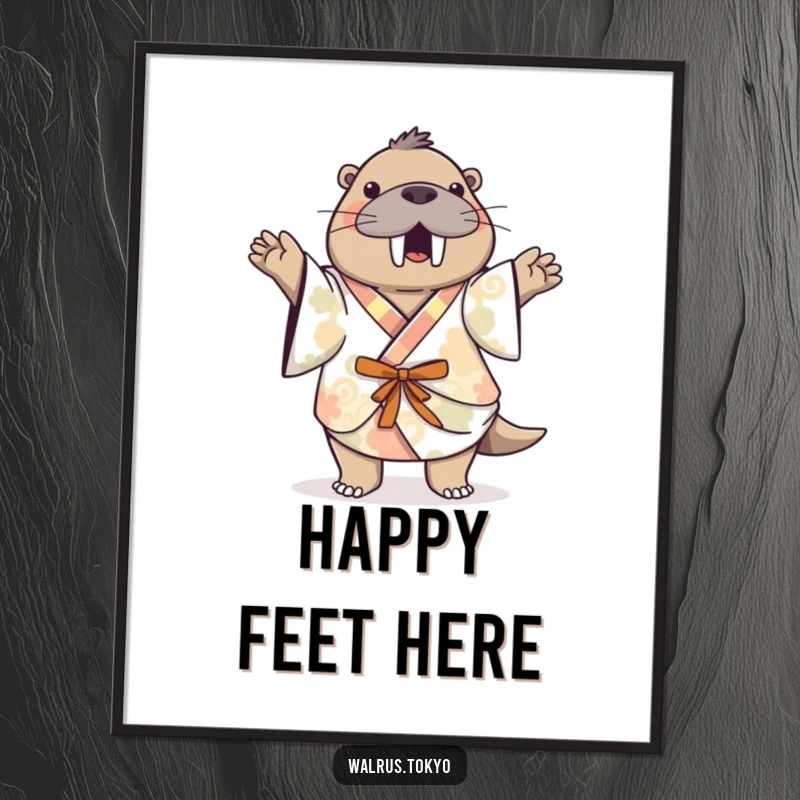 Funny patterned kimono walrus digital art print, showing a playful walrus dancing happily, offering instant playful humor and energy.