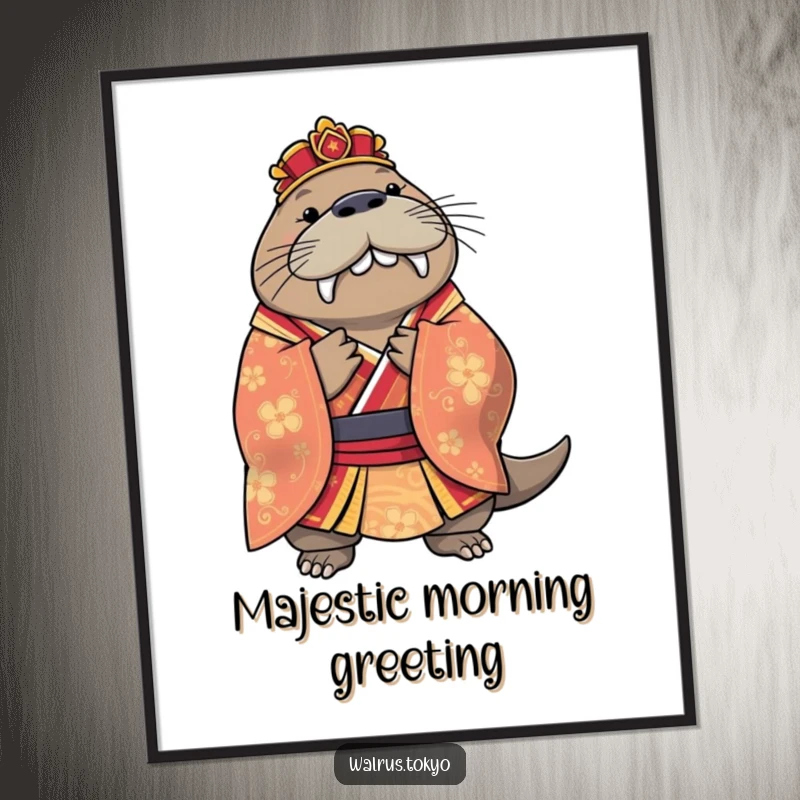 Funny regal walrus digital art print of a walrus in a colorful kimono, performing a graceful bow with majestic humor.