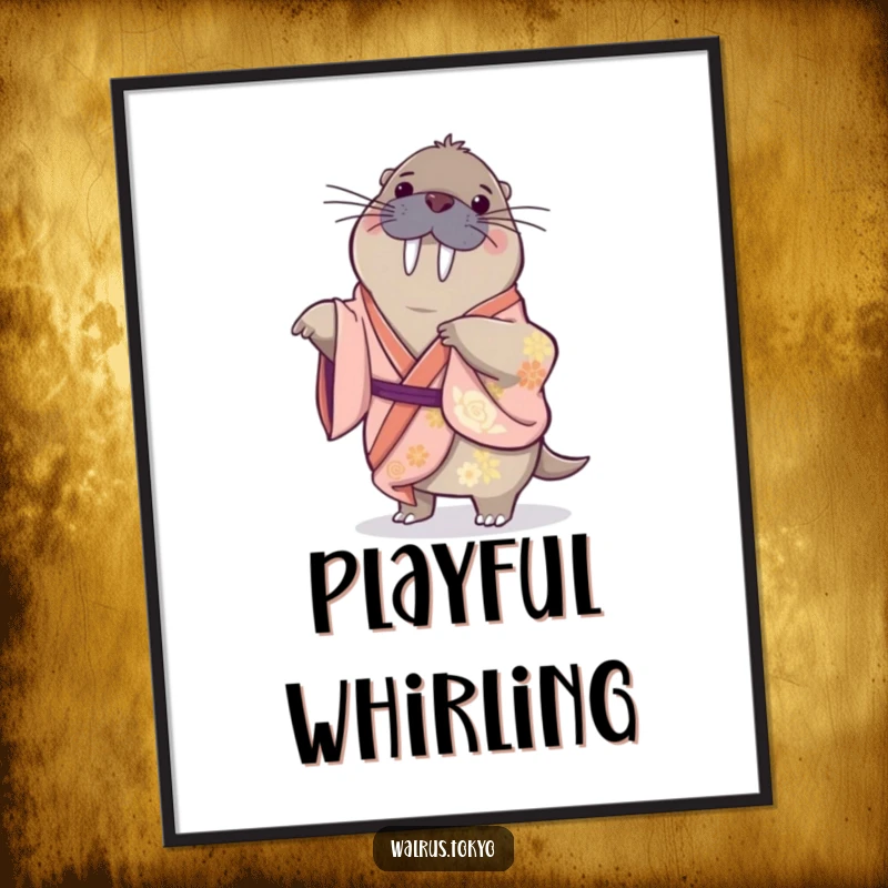 Funny digital art print of a playful walrus in a silk kimono, doing a gentle spin, bringing dynamic humor and elegance to decor.