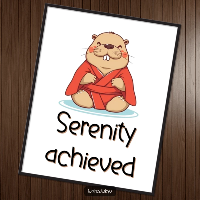 Funny red kimono walrus digital art print, showing a serene walrus meditating peacefully, offering instant peaceful humor and calm.