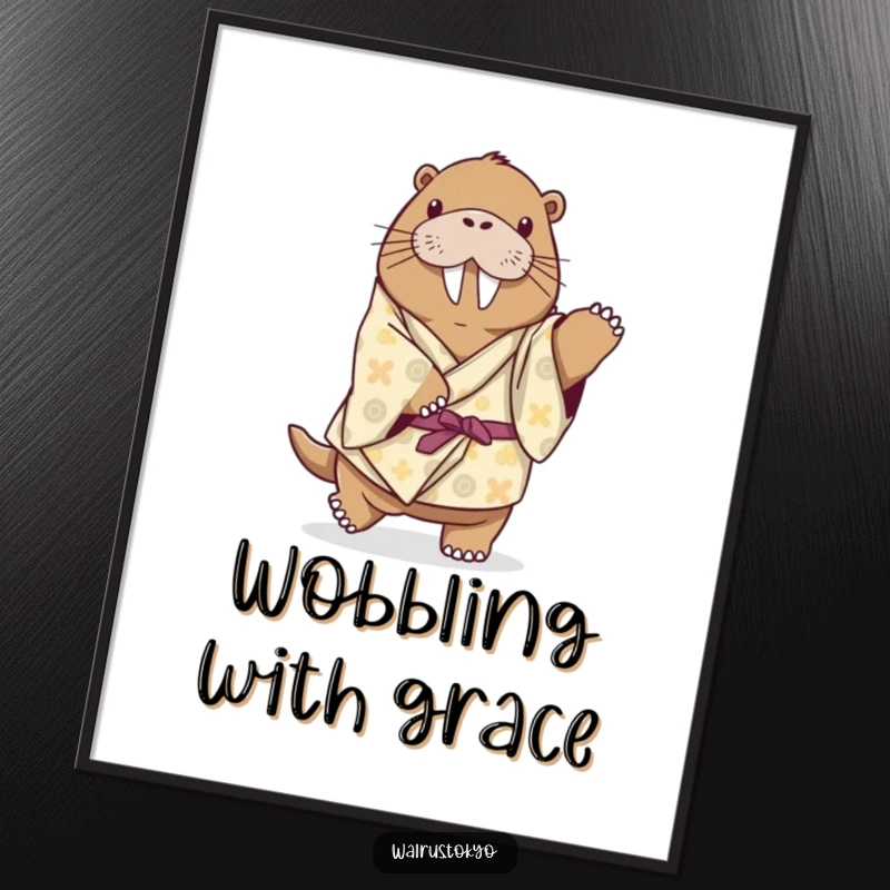 Funny playful walrus digital art print in a patterned kimono, attempting a delicate dance step with whimsical grace and humor.