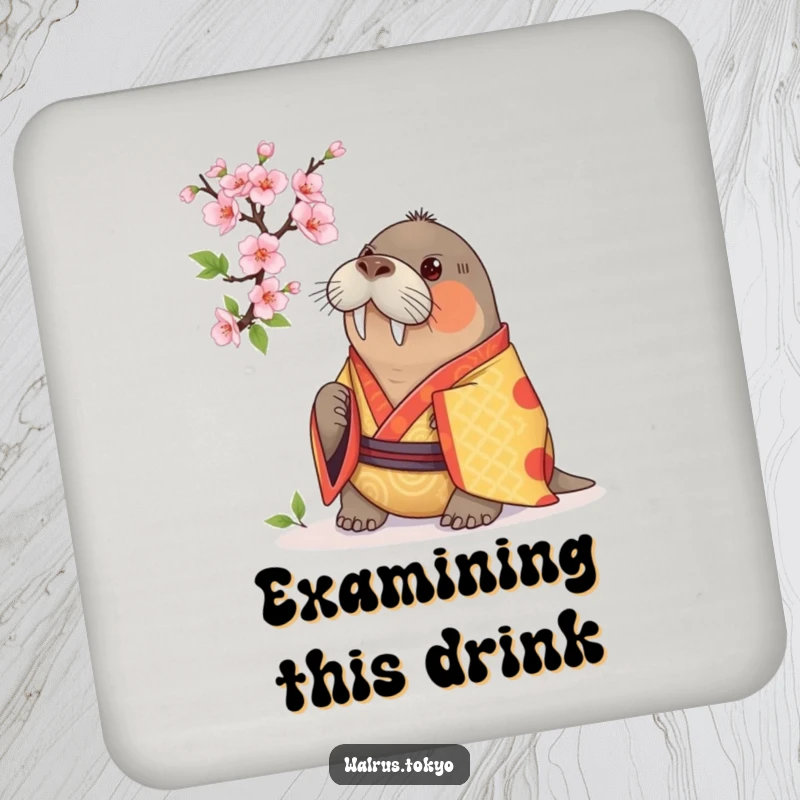 Funny drink coaster showcasing a curious walrus in a vibrant kimono, examining a cherry blossom, protecting furniture with humorous curiosity.