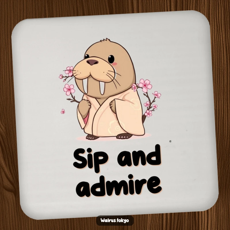 Funny curious walrus drink coaster in a silken kimono, intently gazing at a cherry blossom, offering surface protection with serene humor.