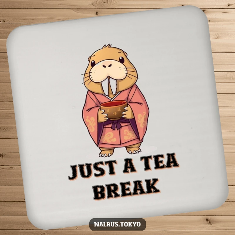 Funny coaster featuring a dignified walrus in a formal kimono, holding a tea bowl, protecting furniture with elegant and humorous flair.
