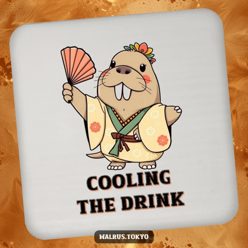 Funny drink coaster showcasing a cheerful walrus in a decorated kimono, gracefully waving a fan, protecting furniture with humorous flair.