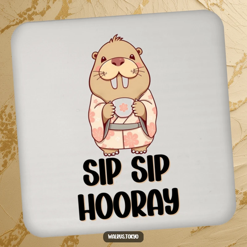 Funny drink coaster showcasing a delighted walrus in a patterned kimono, holding a delicate teacup, protecting furniture with humorous elegance.