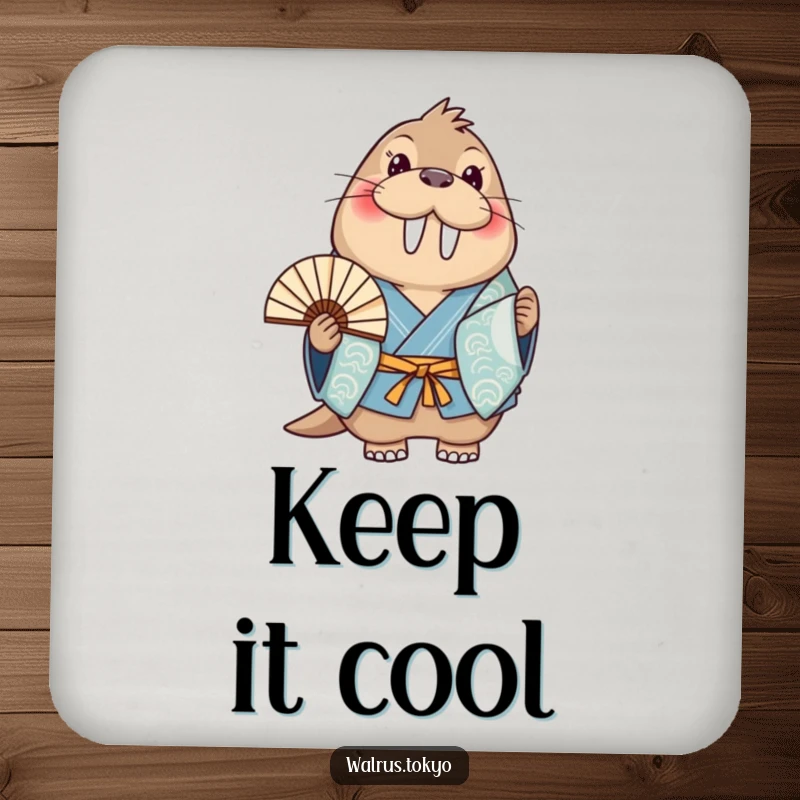 Funny blue kimono walrus coasters, depicting a smiling walrus holding a fan, perfect for adding cheerful humor to drink service.