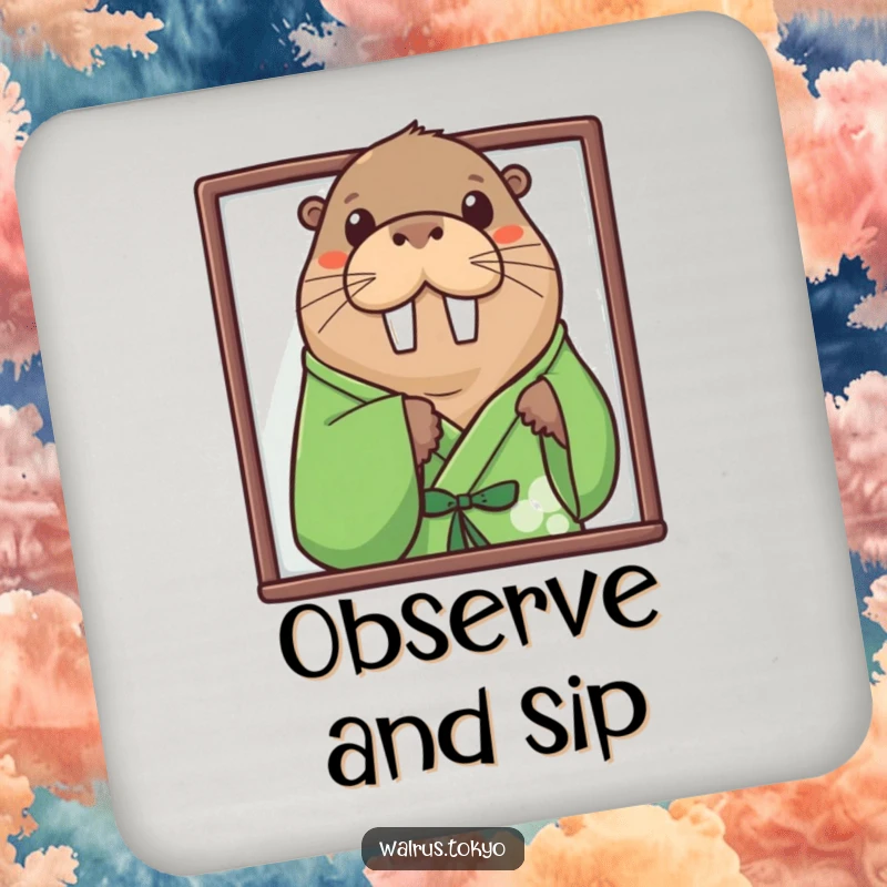 Funny green kimono walrus coasters, depicting a curious walrus peeking, perfect for adding playful humor to drink service.