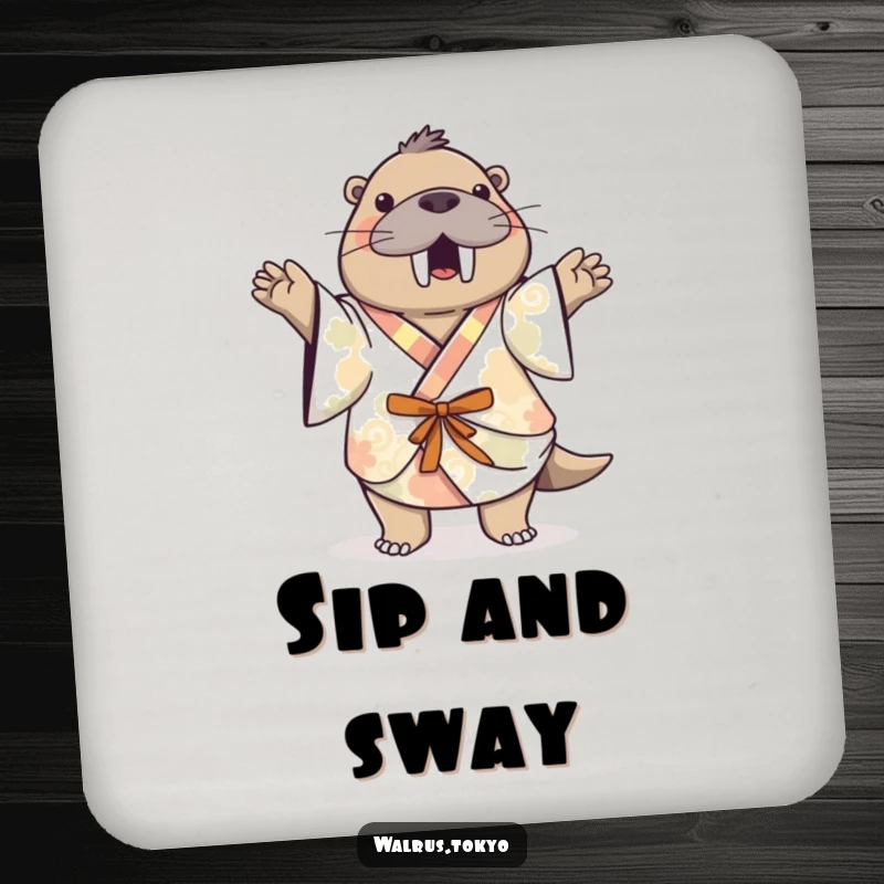 Funny patterned kimono walrus coasters, depicting a playful walrus dancing, perfect for adding humorous fun to drink service.