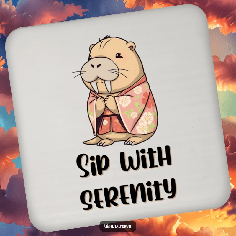 Funny floral kimono walrus coasters, depicting a dignified walrus bowing, perfect for adding humorous elegance to drink service.