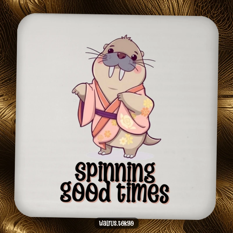 Funny drink coaster showcasing a playful walrus in a silk kimono, doing a gentle spin, protecting furniture with humorous flair.