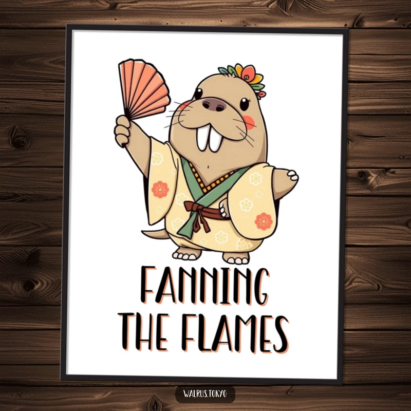 Funny poster art of a cheerful walrus in a decorated kimono, gracefully waving a fan, bringing vibrant humor and elegance to wall decor.