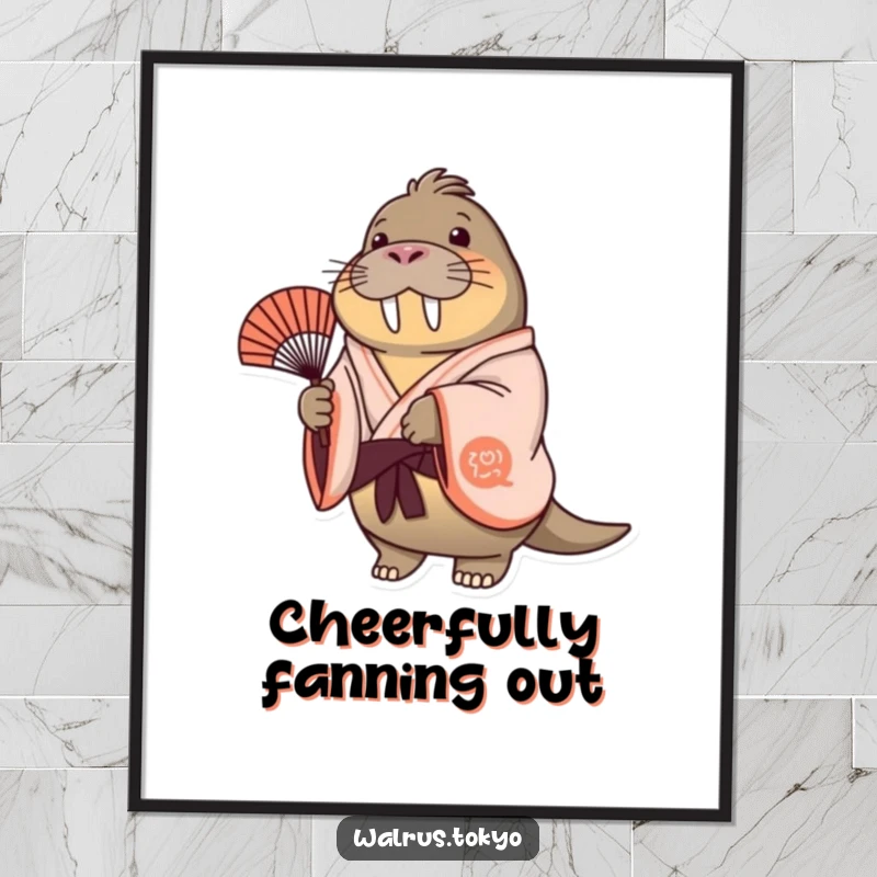 Funny cheerful walrus poster in a flowing kimono, gently swaying a decorative fan, conveying serene happiness and gentle humor.
