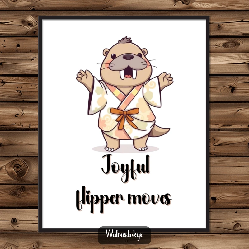 Funny patterned kimono walrus poster, depicting a playful walrus dancing energetically, bringing vibrant humor to any wall.