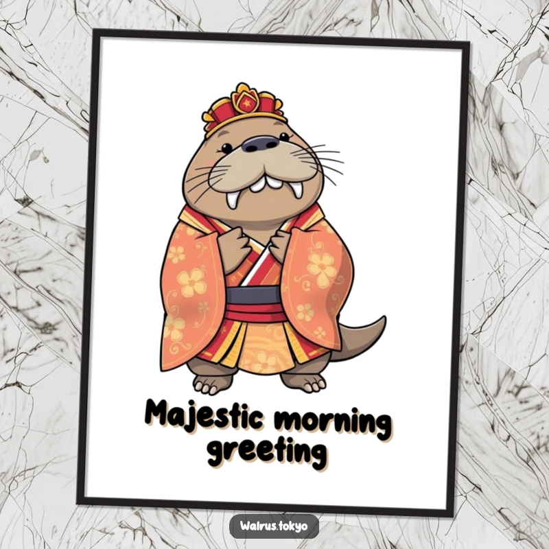 Funny regal walrus poster in a colorful kimono, executing a perfect bow, capturing majestic and humorous wildlife art.